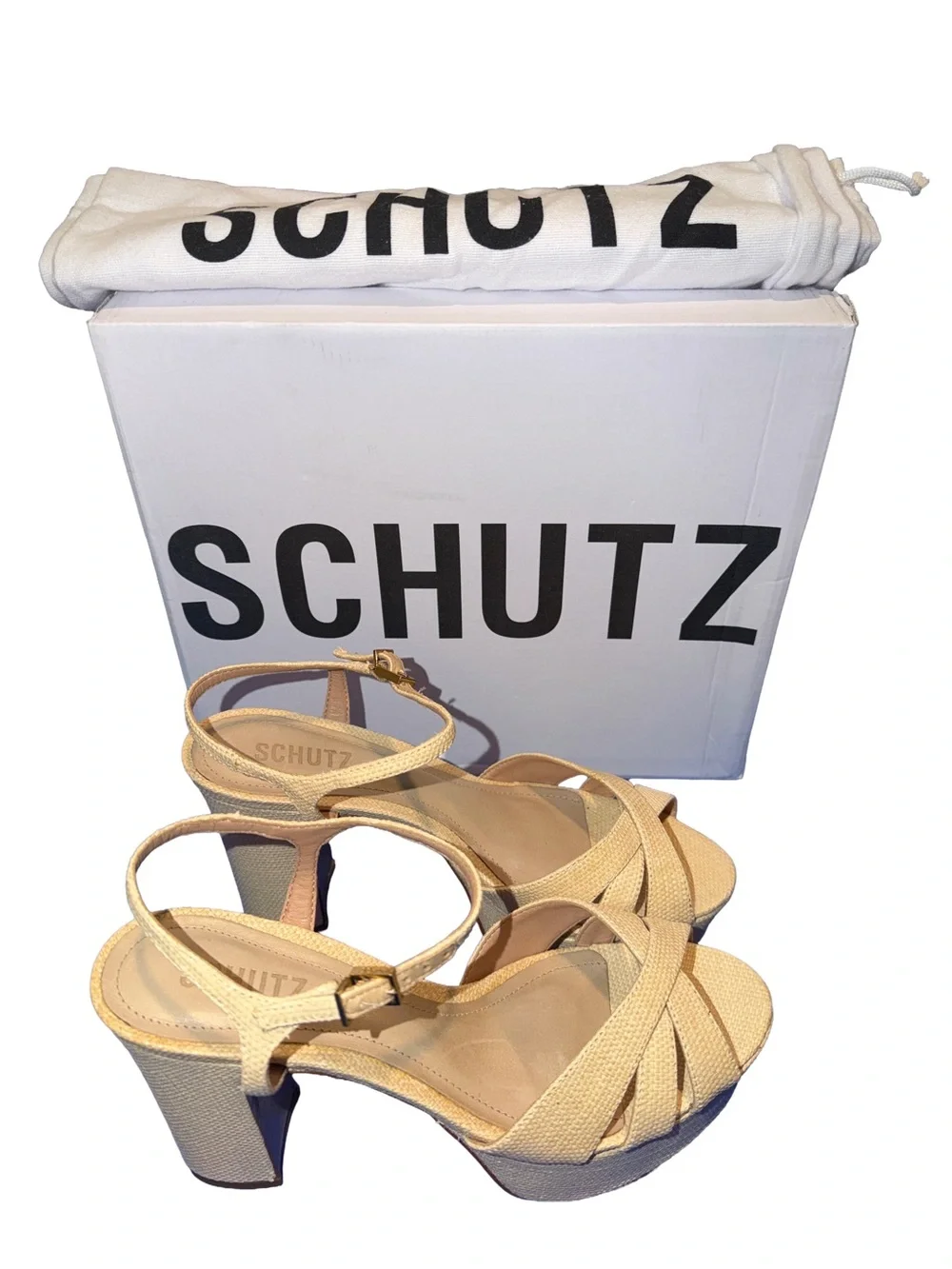 SCHUTZ KEEFA Natural Block Heel Platform Sandal with Ankle Strap, Size 8 NWT